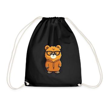 Bear Wearing Glasses Cartoon Kawaii Illustration - Drawstring Bag - black - Front