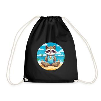 Raccoon Cartoon Yoga Beach Summer Illustration - Drawstring Bag - black - Front