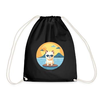 Dog Funny Cartoon Kawaii Beach Illustration - Drawstring Bag - black - Front