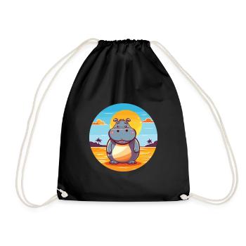 Hippo Funny Cartoon Kawaii Beach Illustration - Drawstring Bag - black - Front
