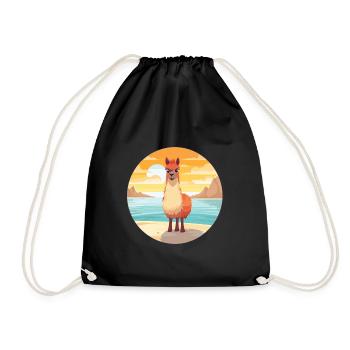 Llama Funny Cartoon Kawaii Beach Illustration - Drawstring Bag - black - Front