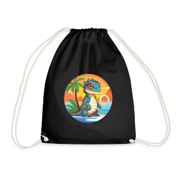 Iguana Funny Cartoon Kawaii Beach Illustration - Drawstring Bag - black - Front