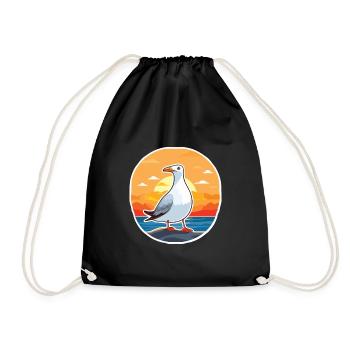 Seagull Funny Cartoon Kawaii Beach Illustration - Drawstring Bag - black - Front