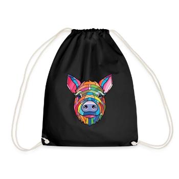 Pig Colorful Watercolor Animal Pet Illustration - Drawstring Bag - black - Front