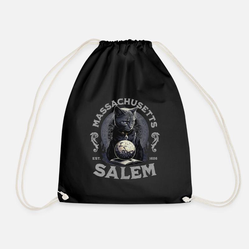 Salem Massachusetts Wizard Cat - Drawstring Bag - black
