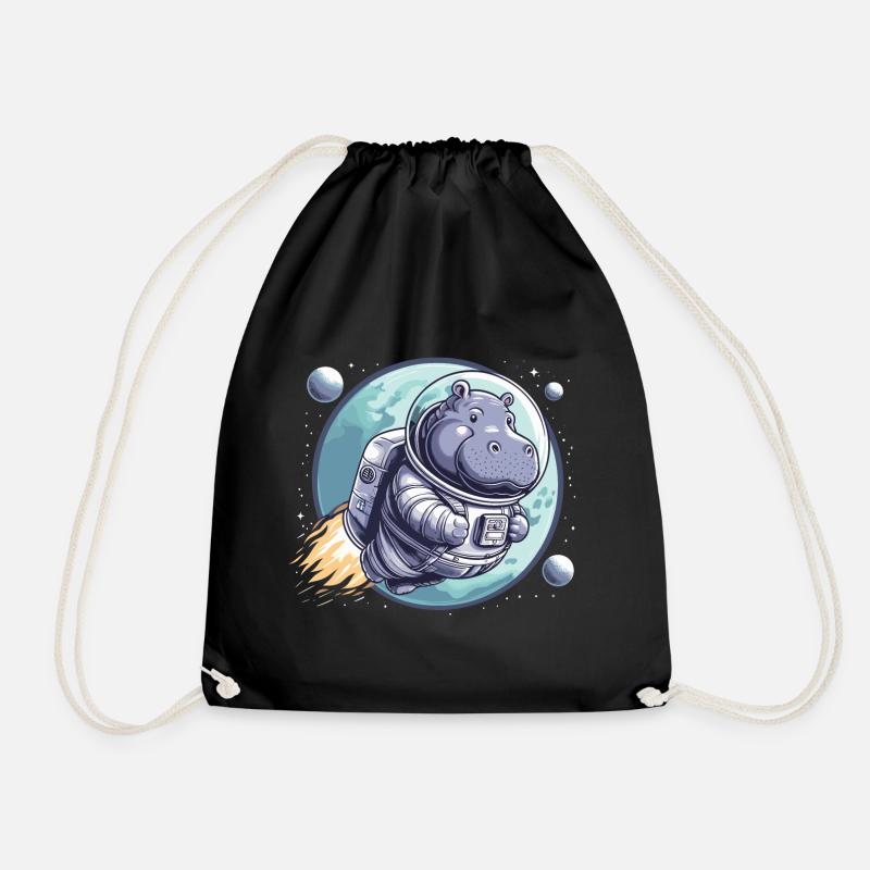 Space astronaut hippopotamus - Drawstring Bag - black