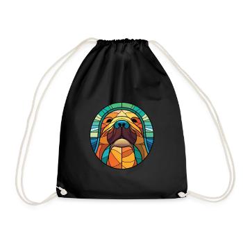Walrus Colorful Watercolor Animal Pet Illustration - Drawstring Bag - black - Front