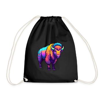 Bison Colorful Watercolor Cartoon Kawaii Animal - Drawstring Bag - black - Front