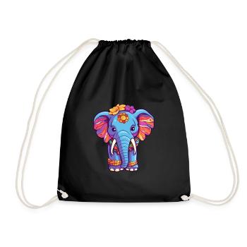Elephant Colorful Watercolor Cartoon Kawaii Animal - Drawstring Bag - black - Front