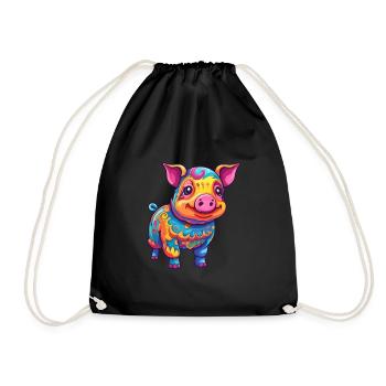 Pig Colorful Watercolor Cartoon Kawaii Animal - Drawstring Bag - black - Front