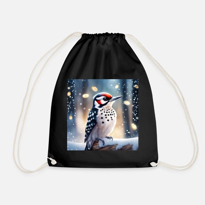 Woodpecker in the snow - Drawstring Bag - black