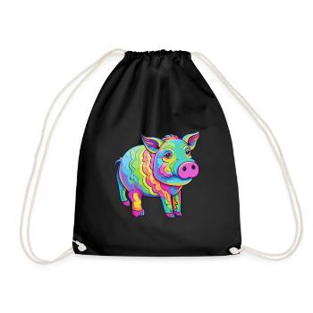 Pig Colorful Watercolor Cartoon Kawaii Animal - Drawstring Bag - black - Front