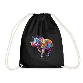 Rhino Colorful Watercolor Cartoon Kawaii Animal - Drawstring Bag - black - Front