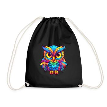 Owl Colorful Watercolor Cartoon Kawaii Animal - Drawstring Bag - black - Front