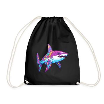 Shark Colorful Watercolor Cartoon Kawaii Animal - Drawstring Bag - black - Front