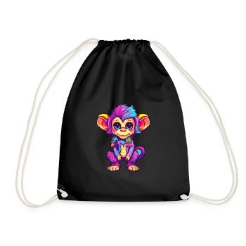Monkey Colorful Watercolor Cartoon Kawaii Animal - Drawstring Bag - black - Front