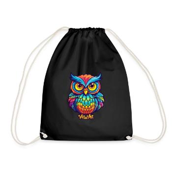 Owl Colorful Watercolor Cartoon Kawaii Animal - Drawstring Bag - black - Front