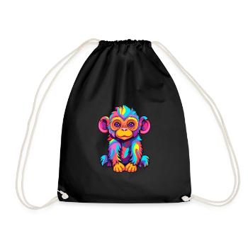 Monkey Colorful Watercolor Cartoon Kawaii Animal - Drawstring Bag - black - Front