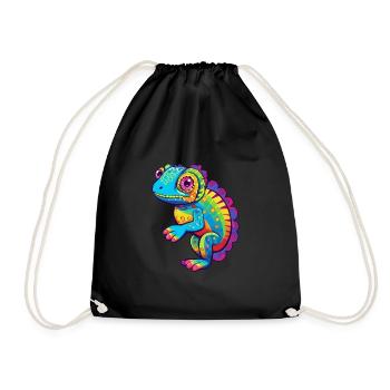 Chameleon Colorful Watercolor Cartoon Kawaii Anima - Drawstring Bag - black - Front