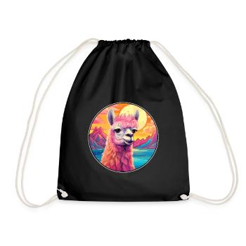 Alpaca Colorful Watercolor Cartoon Kawaii Animal - Drawstring Bag - black - Front