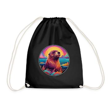 Beaver Colorful Watercolor Cartoon Kawaii Animal - Drawstring Bag - black - Front