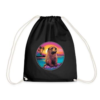 Beaver Colorful Watercolor Cartoon Kawaii Animal - Drawstring Bag - black - Front