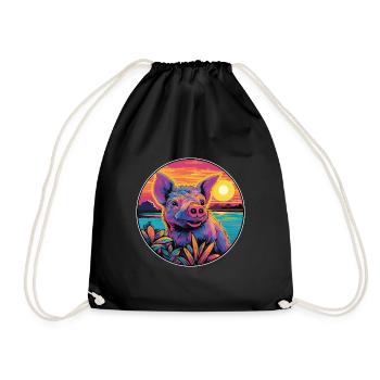 Boar Colorful Watercolor Cartoon Kawaii Animal - Drawstring Bag - black - Front