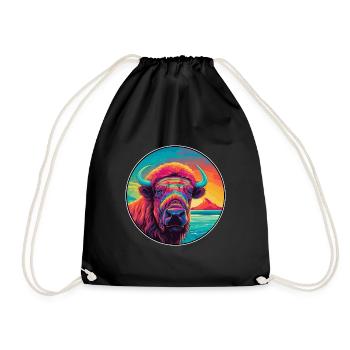 Buffalo Colorful Watercolor Cartoon Kawaii Animal - Drawstring Bag - black - Front