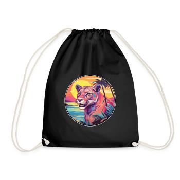 Cougar Colorful Watercolor Cartoon Kawaii Animal - Drawstring Bag - black - Front