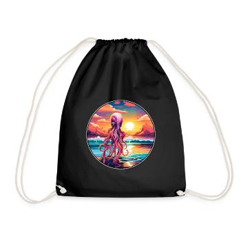 Squid Colorful Watercolor Cartoon Kawaii Animal - Drawstring Bag - black - Front