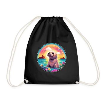 Seal Colorful Watercolor Cartoon Kawaii Animal - Drawstring Bag - black - Front