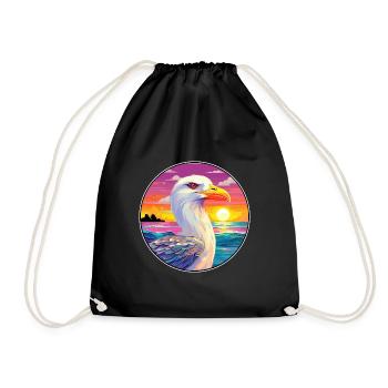 Seagull Colorful Watercolor Cartoon Kawaii Animal - Drawstring Bag - black - Front