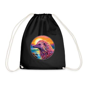 Echidna Colorful Watercolor Cartoon Kawaii Animal - Drawstring Bag - black - Front