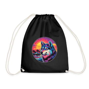 Wolf Colorful Watercolor Cartoon Kawaii Animal - Drawstring Bag - black - Front