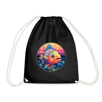 Fish Colorful Watercolor Cartoon Kawaii Animal - Drawstring Bag - black - Front