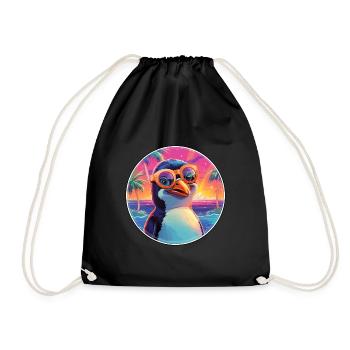 Penguin Colorful Watercolor Cartoon Kawaii Animal - Drawstring Bag - black - Front