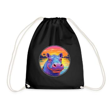 Hippo Colorful Watercolor Cartoon Kawaii Animal - Drawstring Bag - black - Front