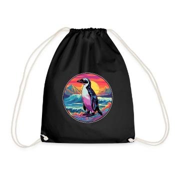 Penguin Colorful Watercolor Cartoon Kawaii Animal - Drawstring Bag - black - Front