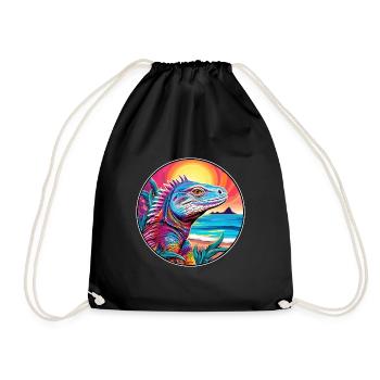 Iguana Colorful Watercolor Cartoon Kawaii Animal - Drawstring Bag - black - Front