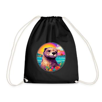 Otter Colorful Watercolor Cartoon Kawaii Animal - Drawstring Bag - black - Front