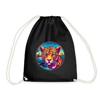 Jaguar Colorful Watercolor Cartoon Kawaii Animal - Drawstring Bag - black - Front