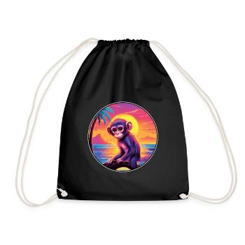 Monkey Colorful Watercolor Cartoon Kawaii Animal - Drawstring Bag - black - Front