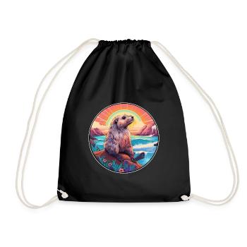 Marmot Colorful Watercolor Cartoon Kawaii Animal - Drawstring Bag - black - Front