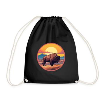 Bison Colorful Watercolor Cartoon Kawaii Animal - Drawstring Bag - black - Front