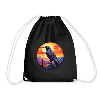 Raven Colorful Watercolor Cartoon Kawaii Animal - Drawstring Bag - black - Front