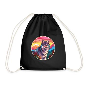 Wolf Colorful Watercolor Cartoon Kawaii Animal - Drawstring Bag - black - Front