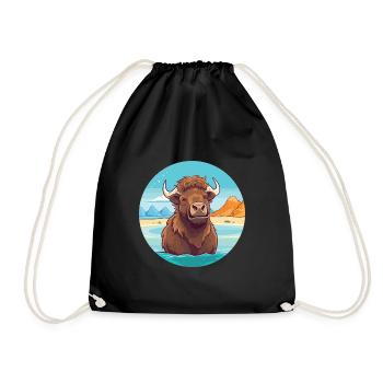 Bison Watercolor Cartoon Kawaii Clipart Animal - Drawstring Bag - black - Front