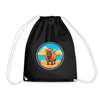Buffalo Watercolor Cartoon Kawaii Clipart Animal - Drawstring Bag - black - Front