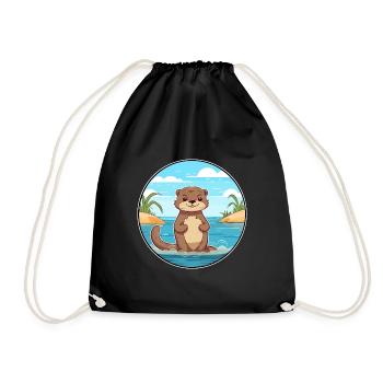 Otter Watercolor Cartoon Kawaii Clipart Animal - Drawstring Bag - black - Front