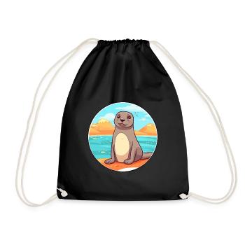 Seal Watercolor Cartoon Kawaii Clipart Animal - Drawstring Bag - black - Front